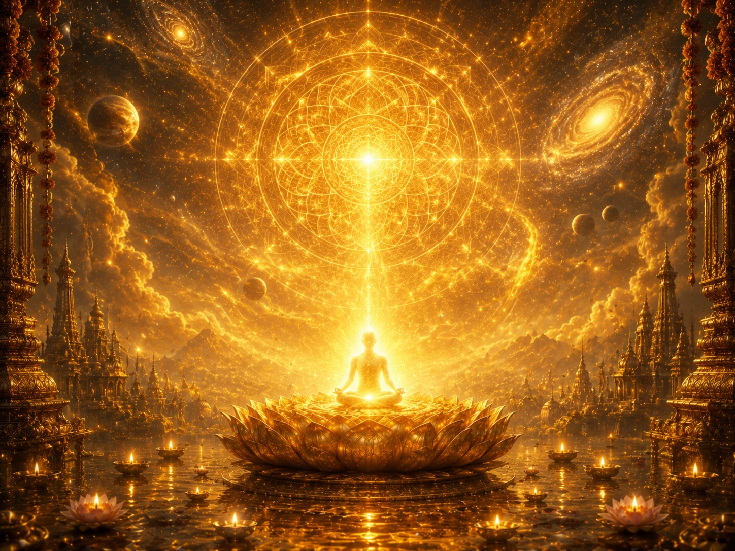 A single flame reflected in infinite mirrors, symbolising the Atman-Brahman identity of Upanishadic philosophy